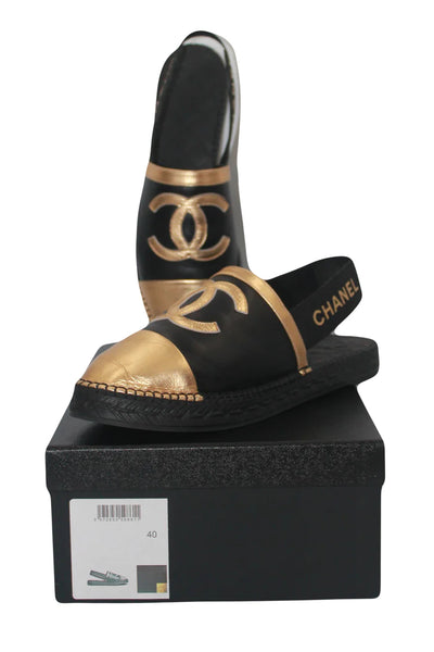 CHANEL 2019 black and gold sling back espadrilles size 40 new full set
