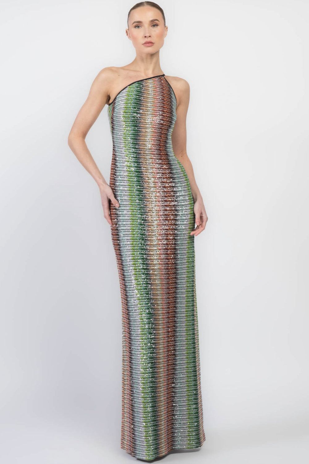 MISSONI Gradient Sequin Knit Zig Zag One Shoulder Dress Split Size 42it