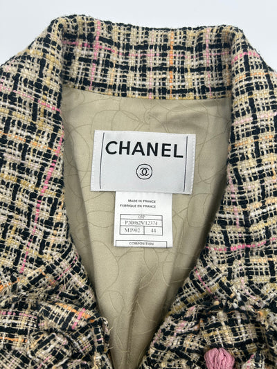 CHANEL tweed two camelia brooches jacket size 44