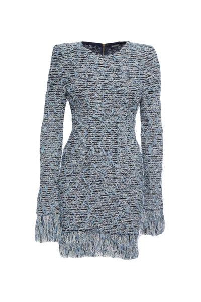 BALMAIN blue fringes mini dress with gold lion head buttons size 36