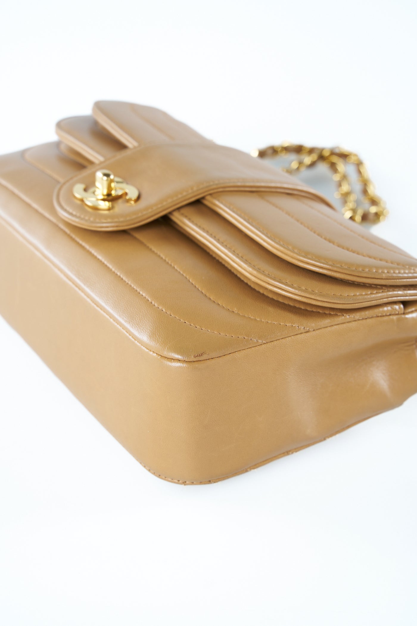 CHANEL rare caramel double flap wave leather handbag