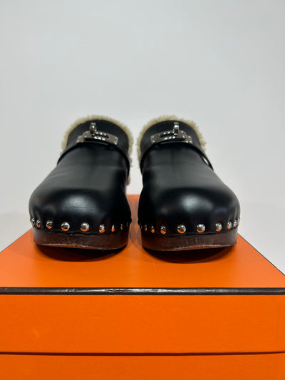 HERMES Carlotta shearling clogs palladium plated Kelly turnlock size 39 with box