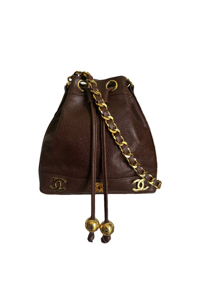 CHANEL brown caviar drawstring bucket bag 24ct gold hardware vintage