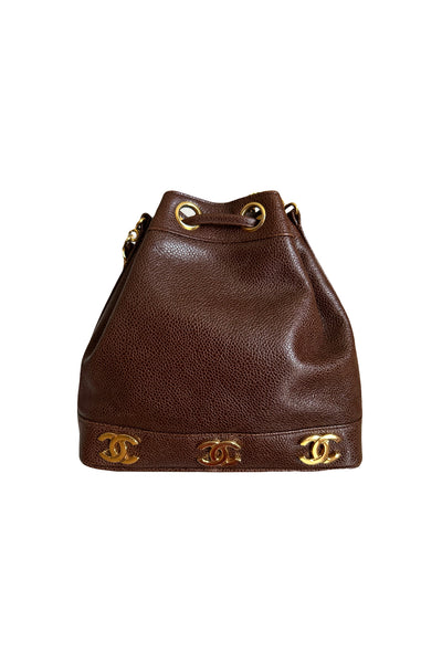 CHANEL brown caviar drawstring bucket bag 24ct gold hardware vintage