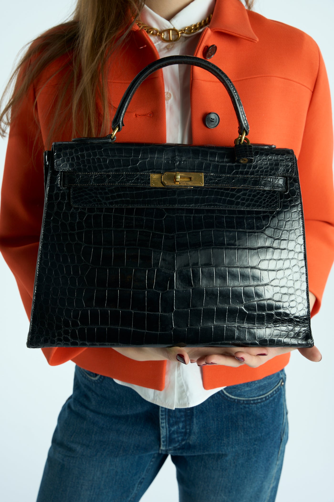 HERMES Kelly 32cm black shiny porosus crocodile ghw 1970's