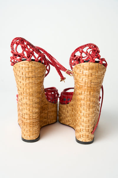DOLCE GABBANA red wicker rattan wedges size 40
