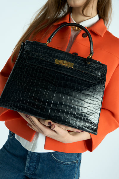 HERMES Kelly 32cm black shiny porosus crocodile ghw 1970's