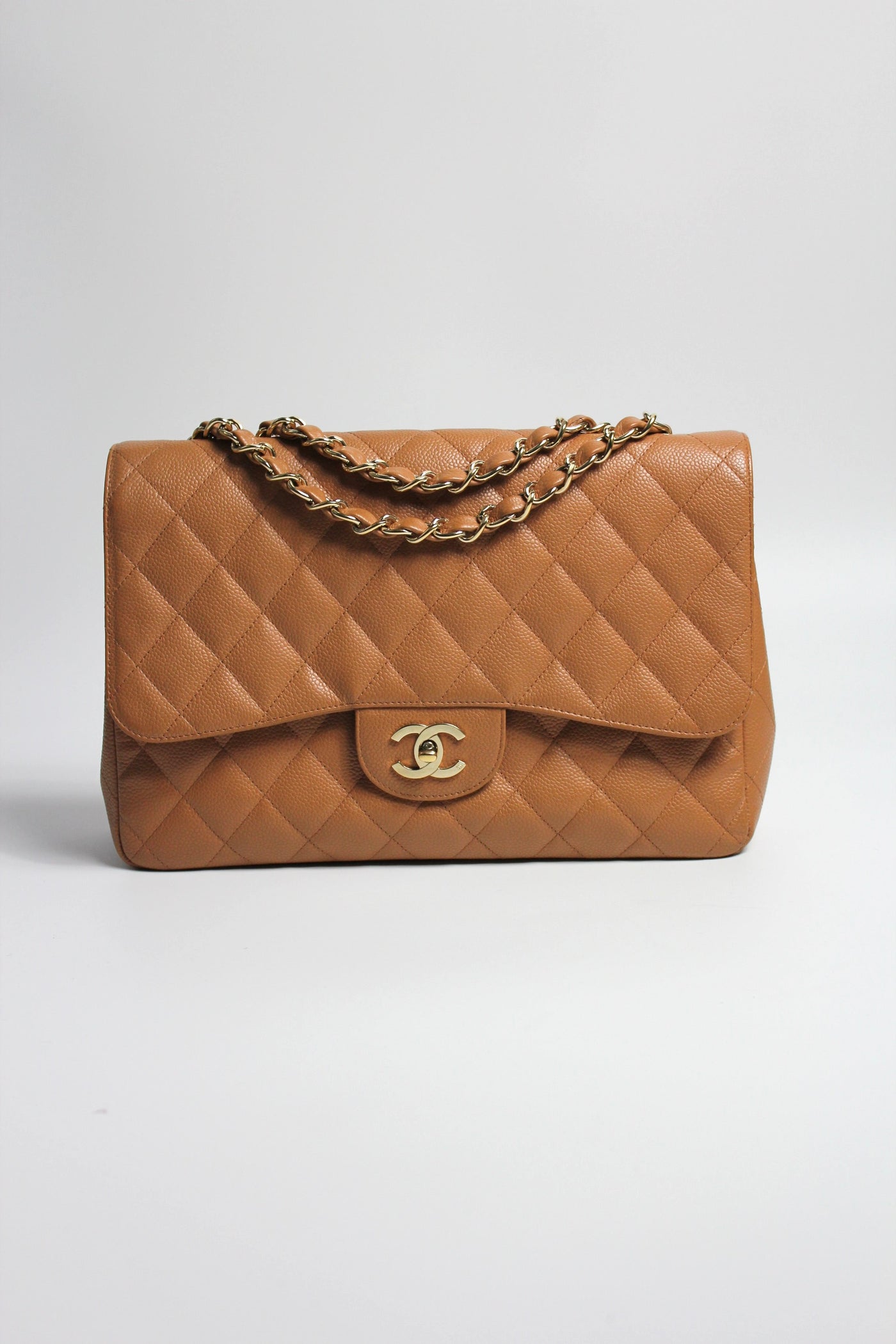 CHANEL Rare Vintage Jumbo Single Flap Caramel Caviar Leather With 24ct Gold Plated Hardware Handbag
