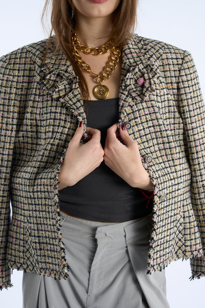 CHANEL tweed two camelia brooches jacket size 44