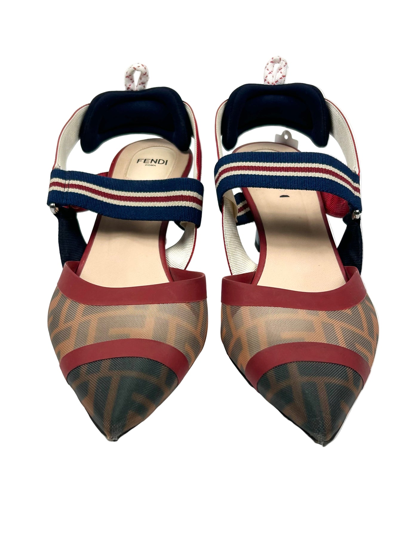 FENDI Mesh FF Logo Zucca Print Navy and Red Pointed Kitten Heels Size 41