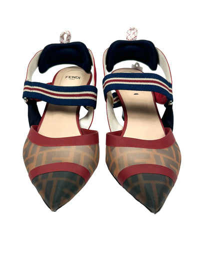 FENDI Mesh FF Logo Zucca Print Navy and Red Pointed Kitten Heels Size 41