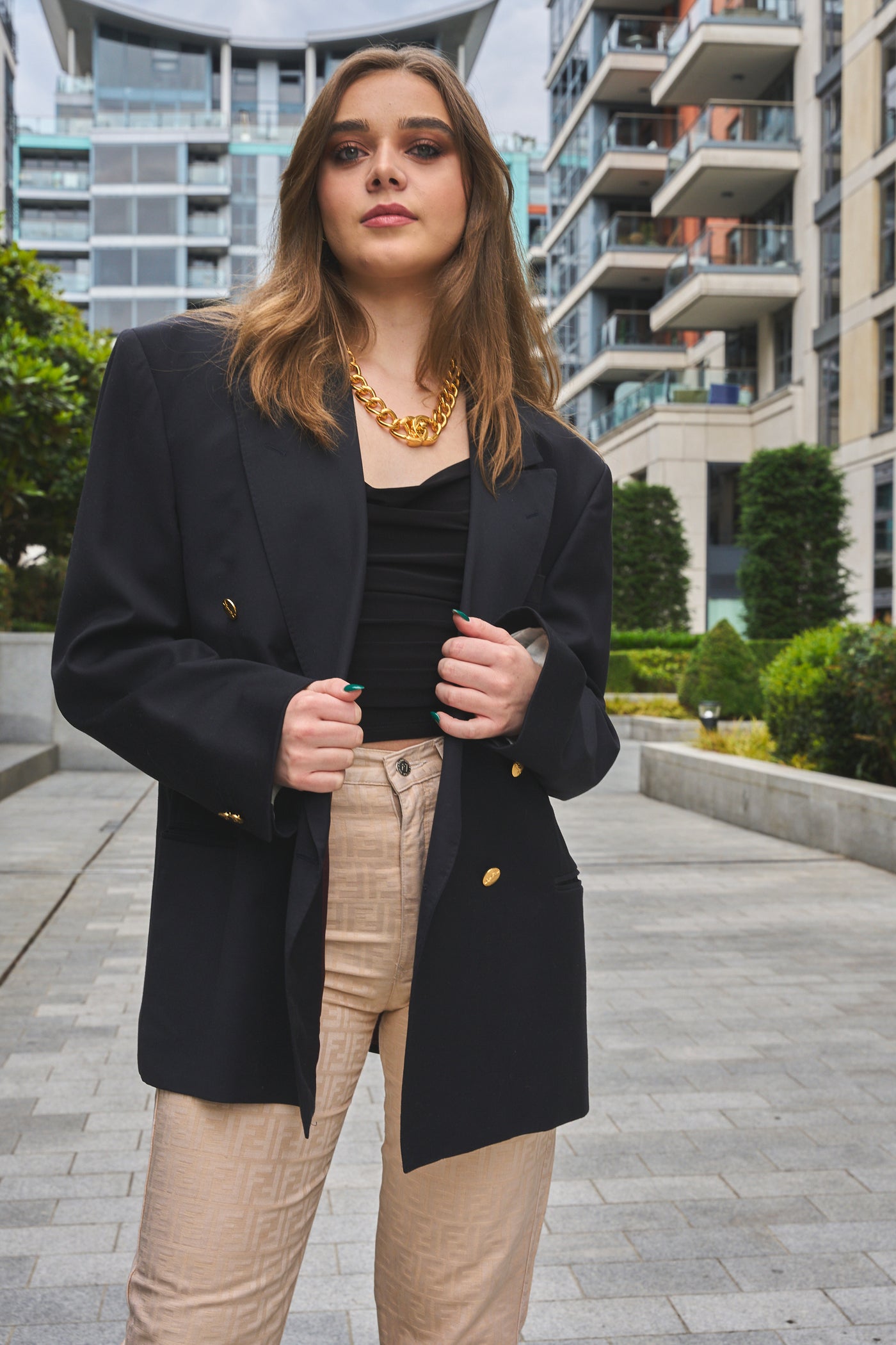 YSL navy double breasted blazer with gold "ysl" buttons