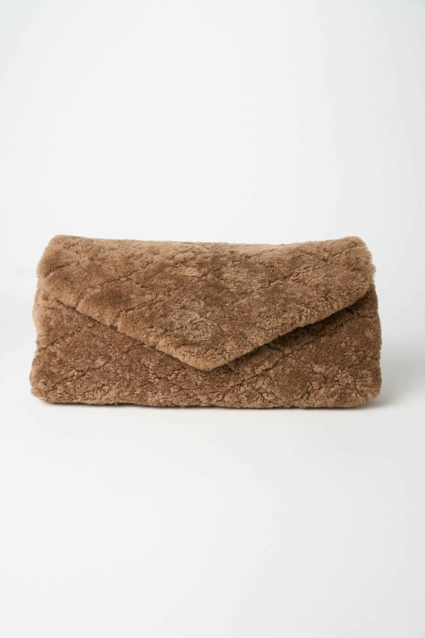 SAINT LAURENT beige shearling "Sade" YSL logo plaque large envelope clutch