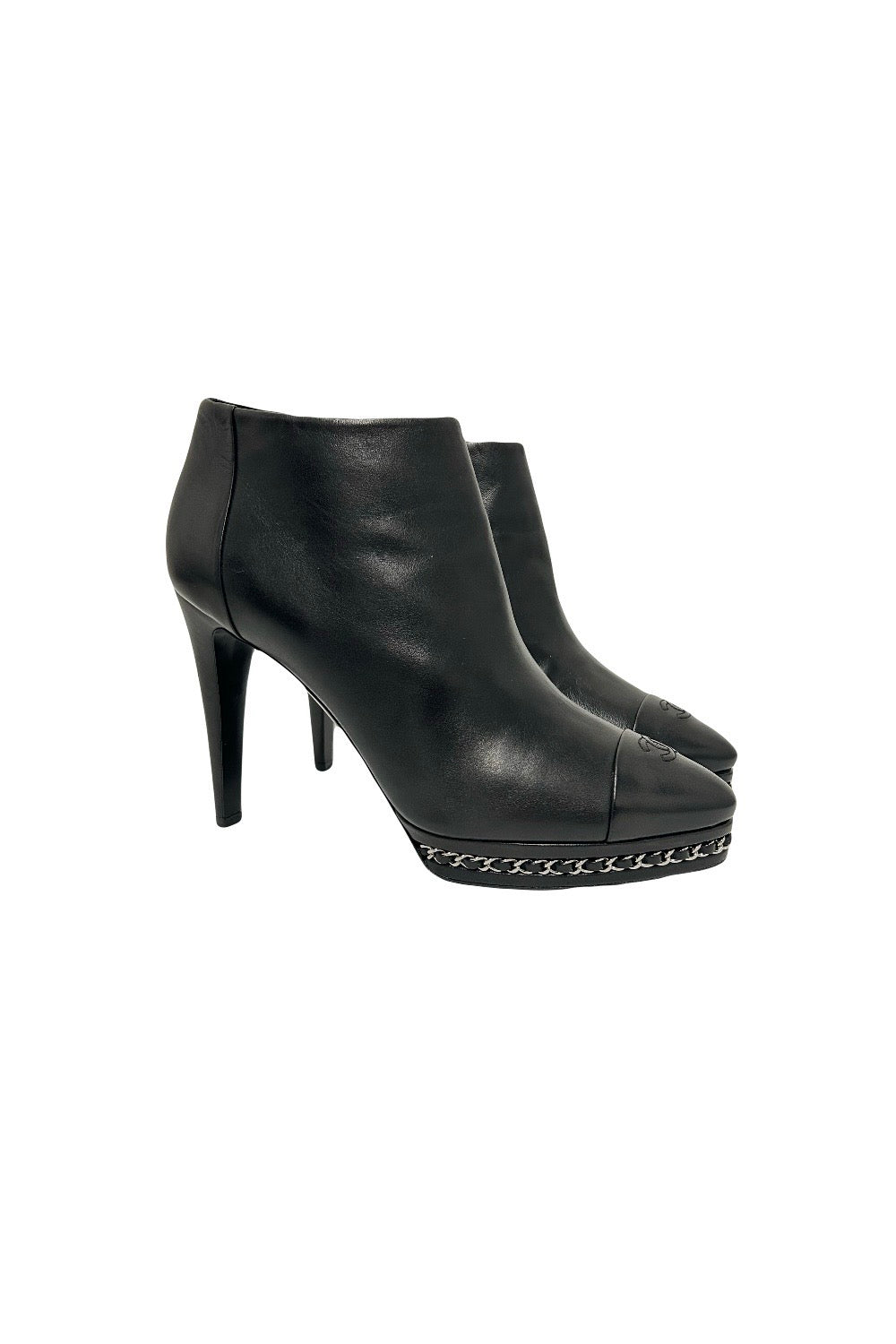 CHANEL Black Smooth Leather Boots Heels Silver Chain Trim with CC Logo Cap Toe with box size 41.5size