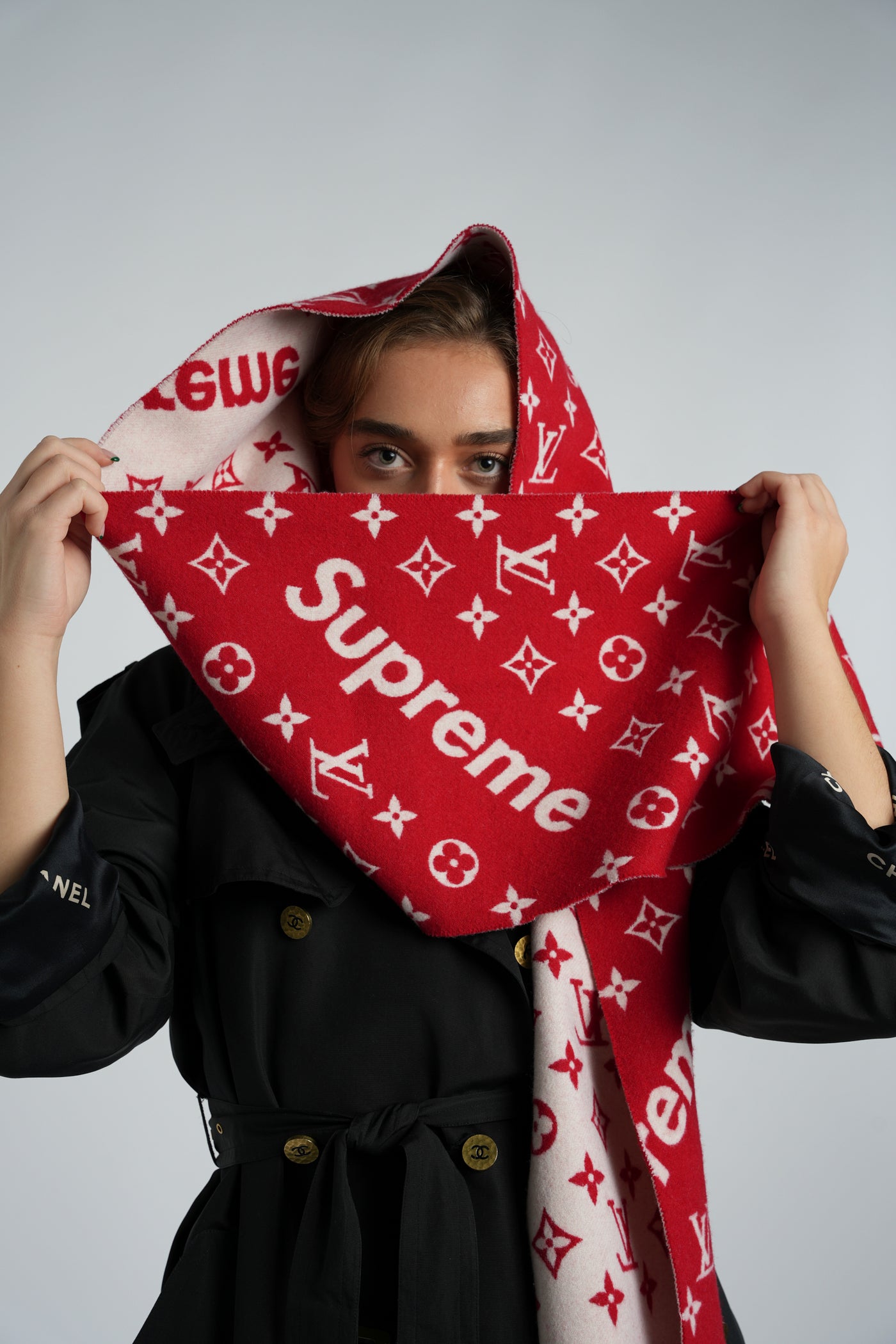 LOUIS VUITTON X Supreme red scarf wool cashmere