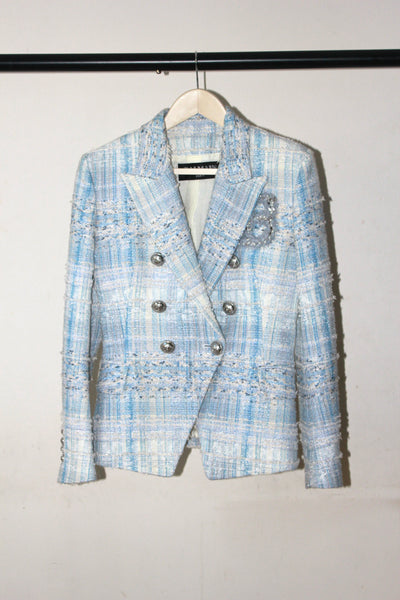 BALMAIN baby blue white tweed embellished blazer size 38 RRP: £2500