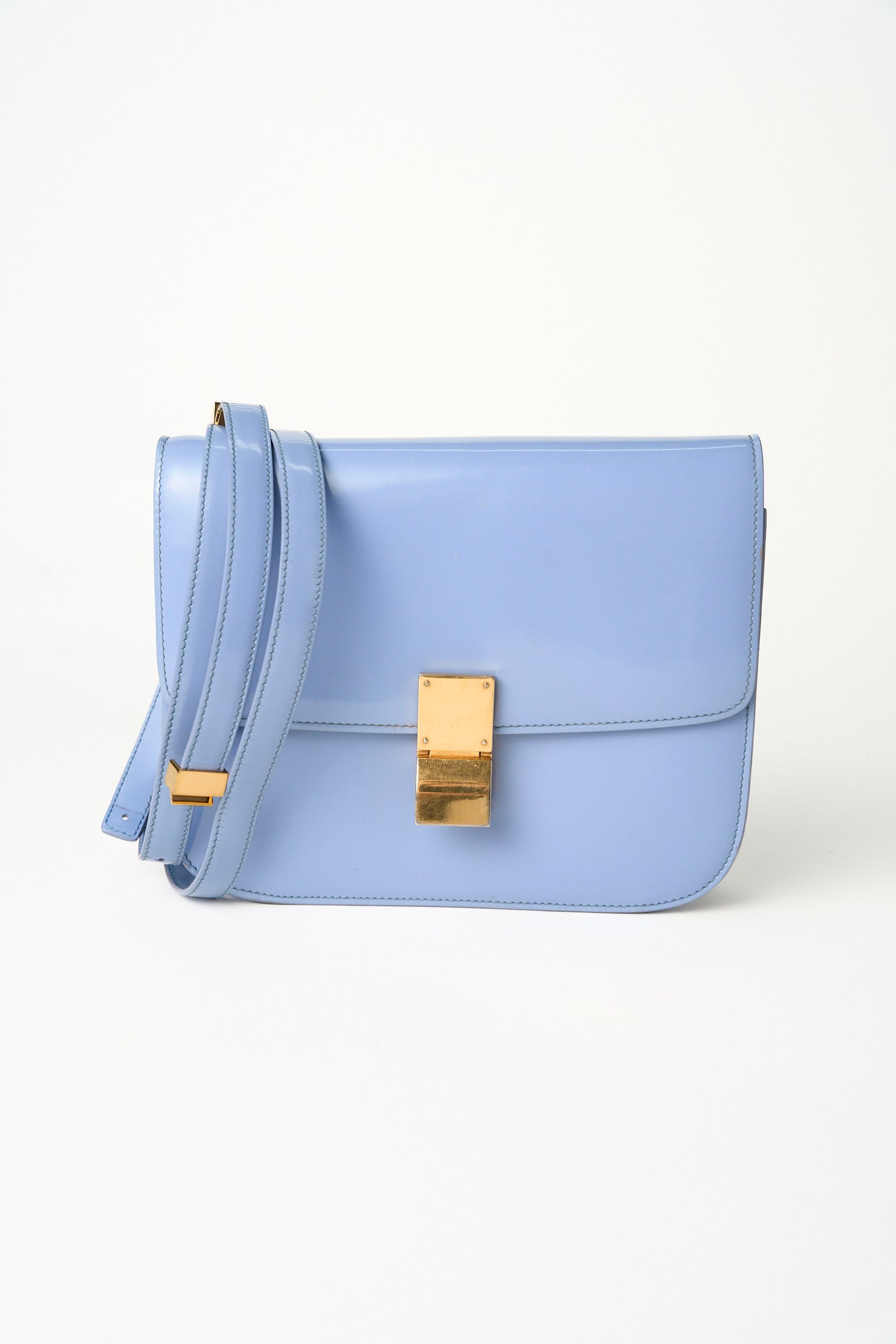 CELINE medium blue shiny calfskin classic handbag