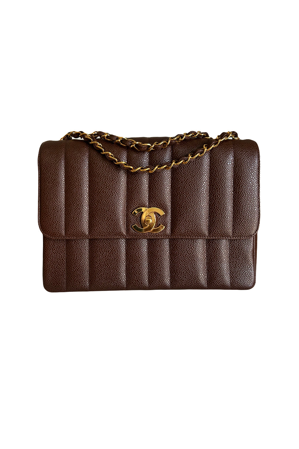 CHANEL mademoiselle vertical caviar brown 24ct gold hardware handbag