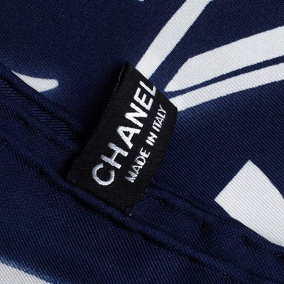 CHANEL multi icon blue silk scarf