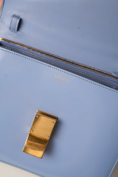 CELINE medium blue shiny calfskin classic handbag