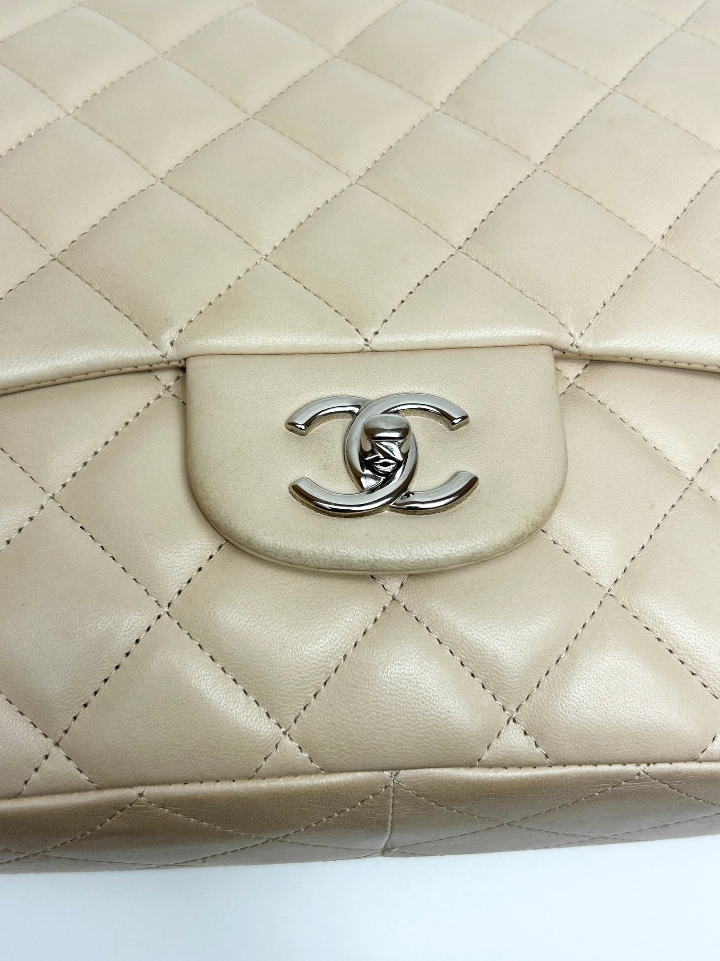 CHANEL Jumbo Single Flap Beige Clair Lambskin Leather Silver Hardware with box