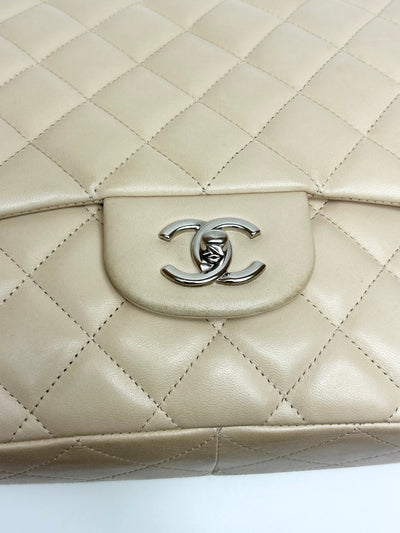 CHANEL Jumbo Single Flap Beige Clair Lambskin Leather Silver Hardware with box