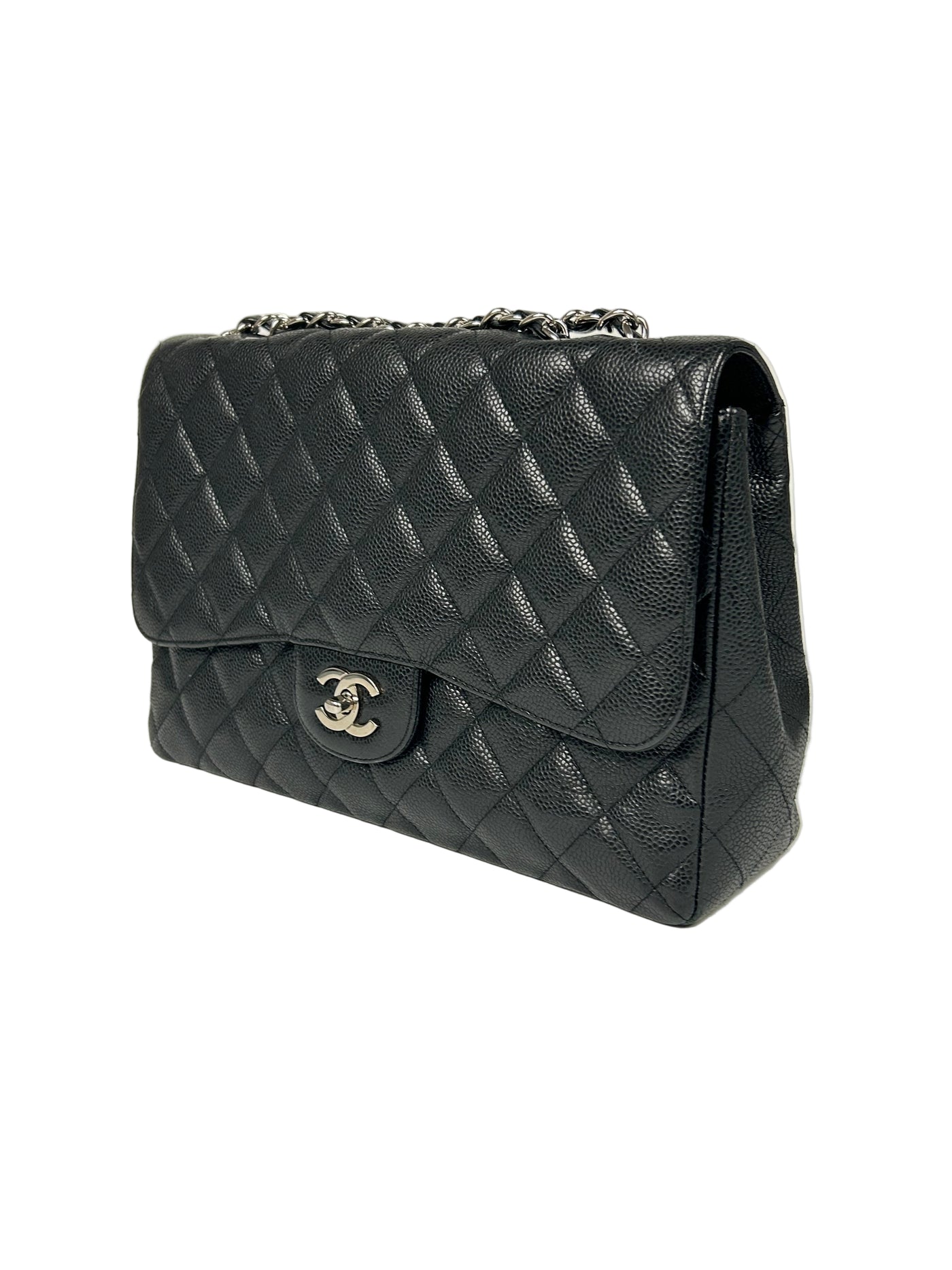 CHANEL Jumbo Single Flap Black Caviar With Silver Hardware Handbag