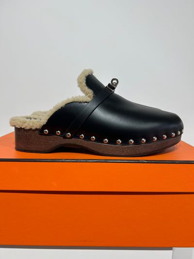 HERMES Carlotta shearling clogs palladium plated Kelly turnlock size 39 with box