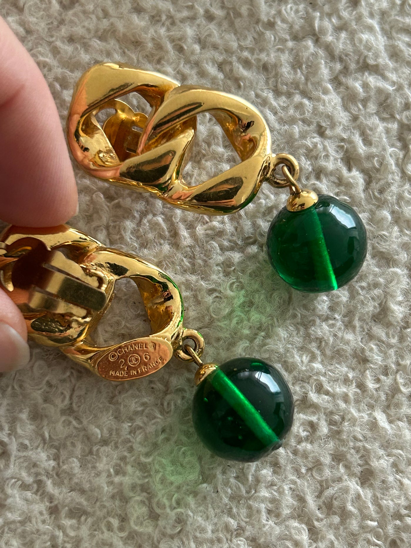 CHANEL Rare Vintage Green glass 24 ct Gold clip on earrings