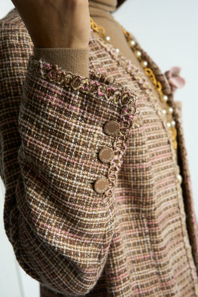 CHANEL tweed pink yellow brown spring jacket size 46