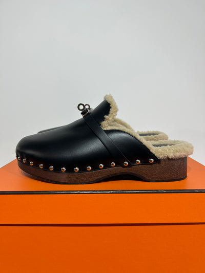 HERMES Carlotta shearling clogs palladium plated Kelly turnlock size 39 with box