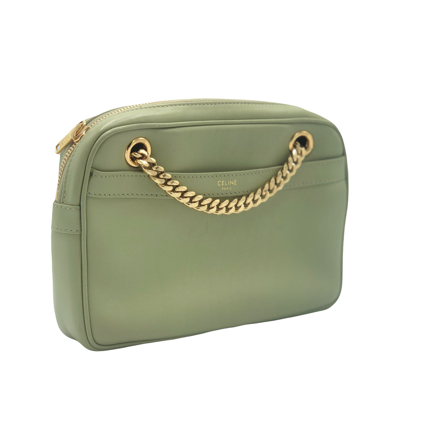 CELINE Small Patapans Sage Green leather with gold chain handbag