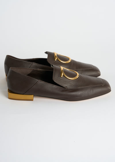 SALVATORE FERRAGAMO brown leather gold square heels loafers