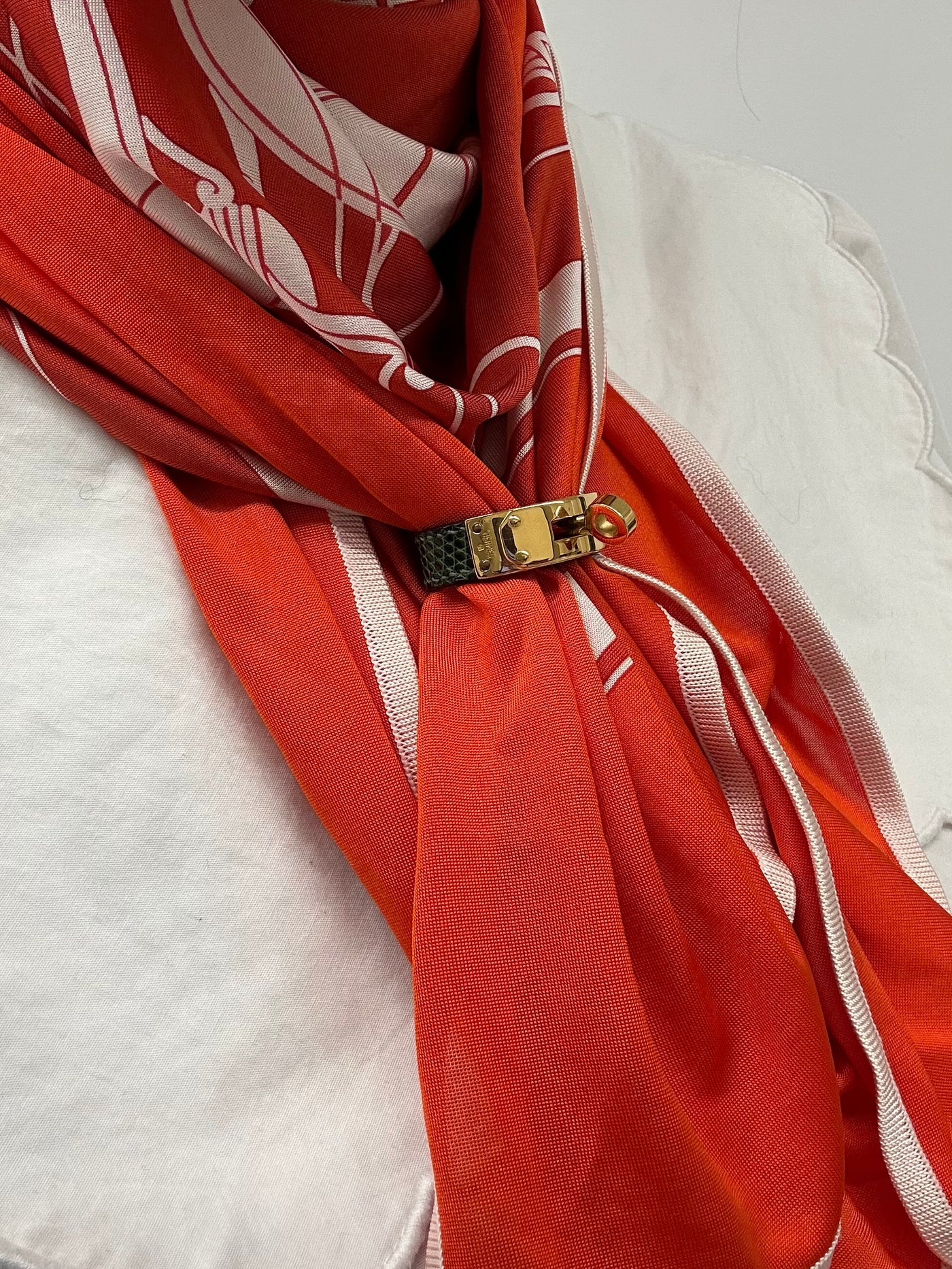 HERMES Ring Scarf Green Lizard Exotic Skin Gold Hardware with box