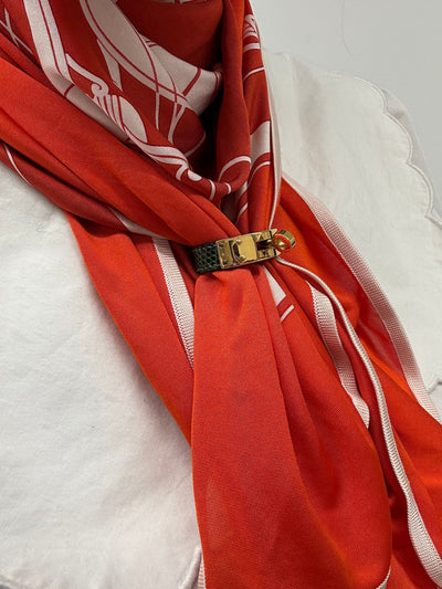 HERMES Ring Scarf Green Lizard Exotic Skin Gold Hardware with box