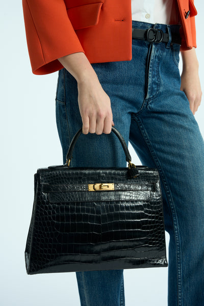 HERMES Kelly 32cm black shiny porosus crocodile ghw 1970's