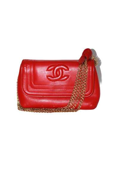 CHANEL red leather mini flap shoulder bag vintage 1986-1988