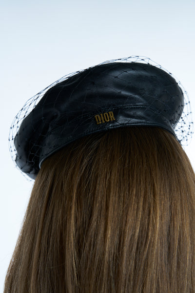 Christian DIOR black lambskin leather with net beret