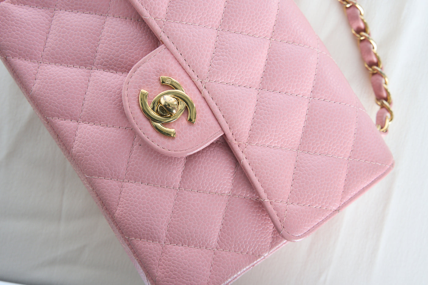 CHANEL rare mini square pink caviar with gold hardware collector piece