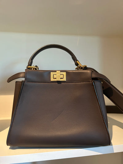 FENDI mini peekaboo dark brown with gold hardware and long strap