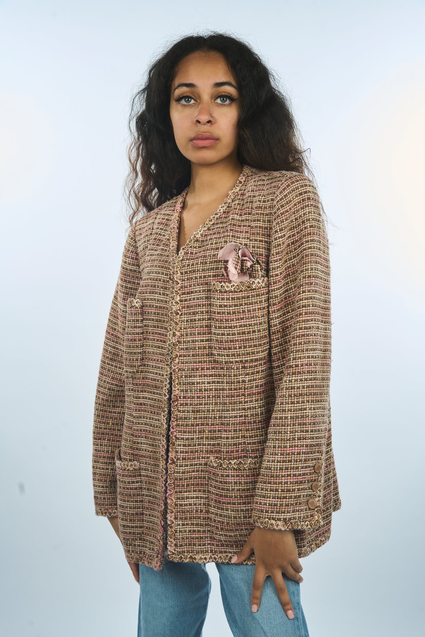 CHANEL tweed pink yellow brown spring jacket size 46