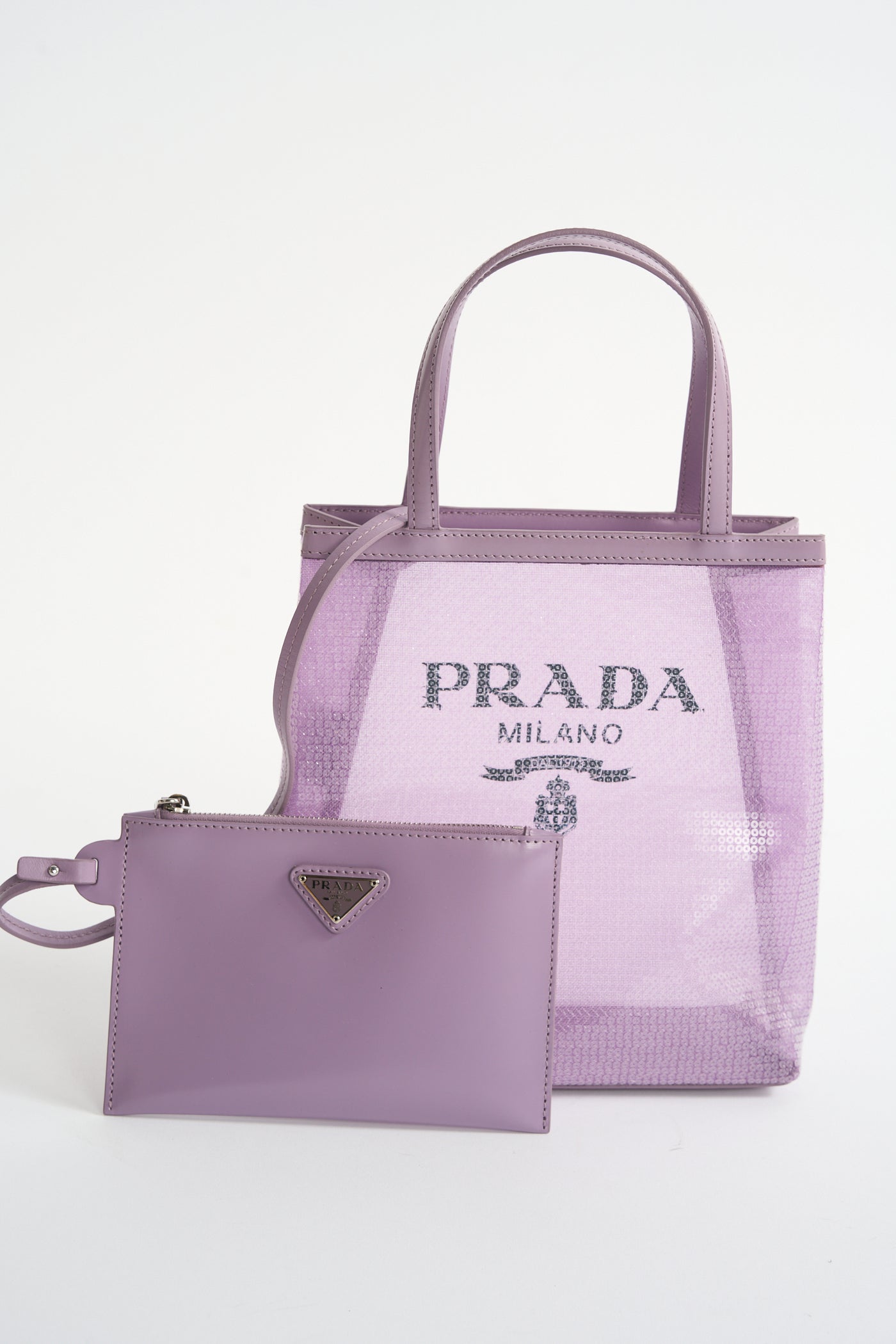 PRADA lavender logo sequined tote bag with leather pouch