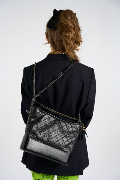 CHANEL Gabrielle black calfskin leather handbag with ruthenium ,silver and gold hardware