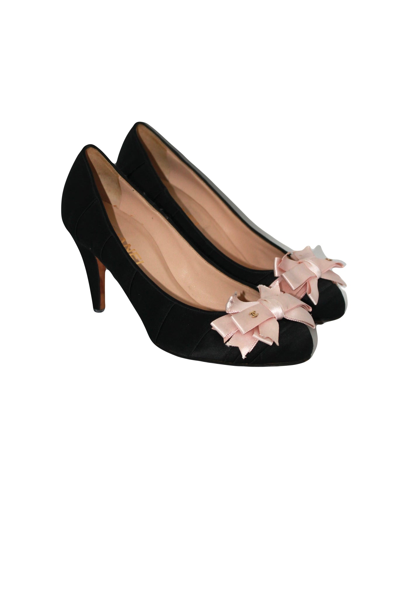 CHANEL black satin with pink bow heels size 38