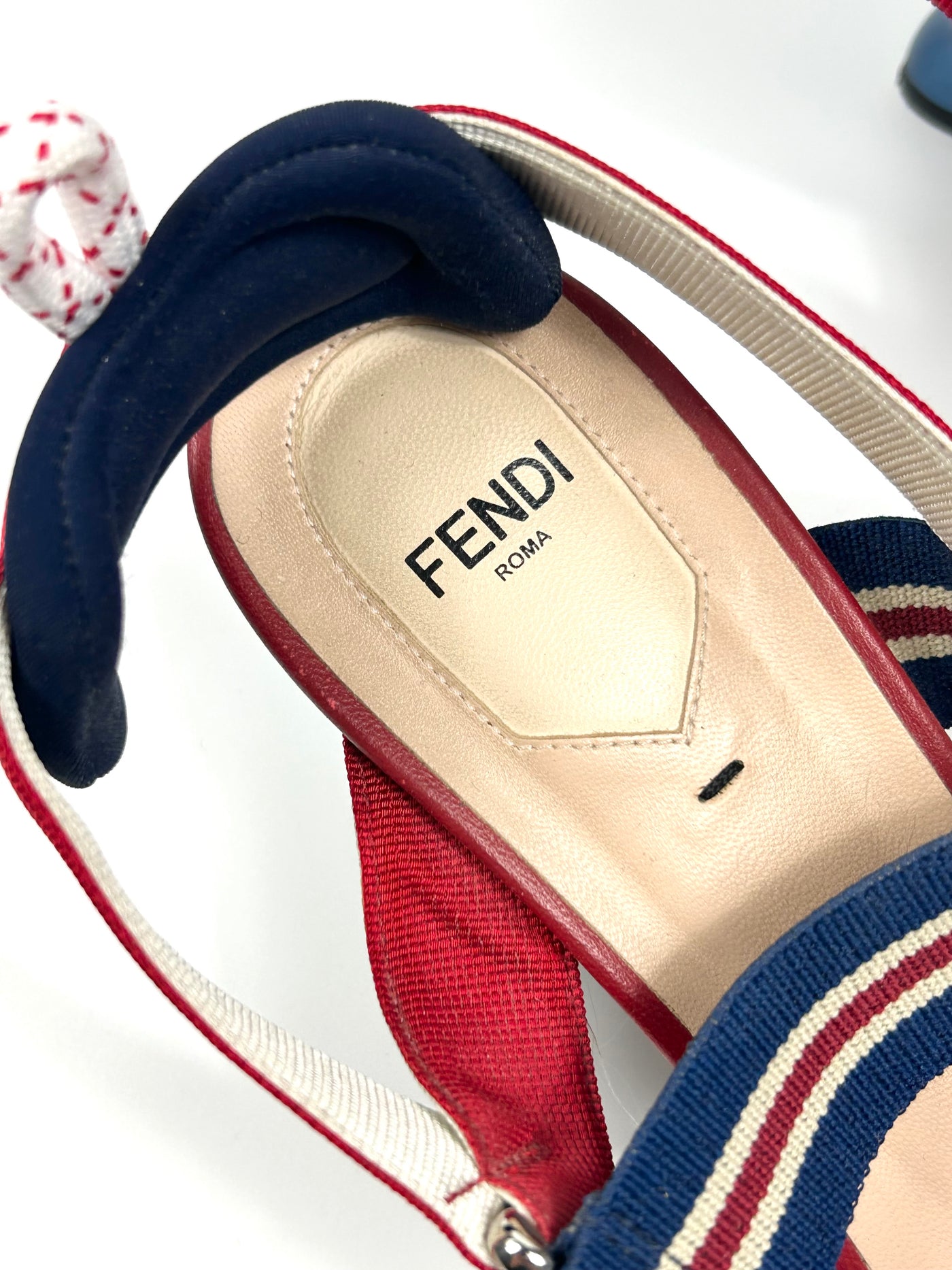 FENDI Mesh FF Logo Zucca Print Navy and Red Pointed Kitten Heels Size 41