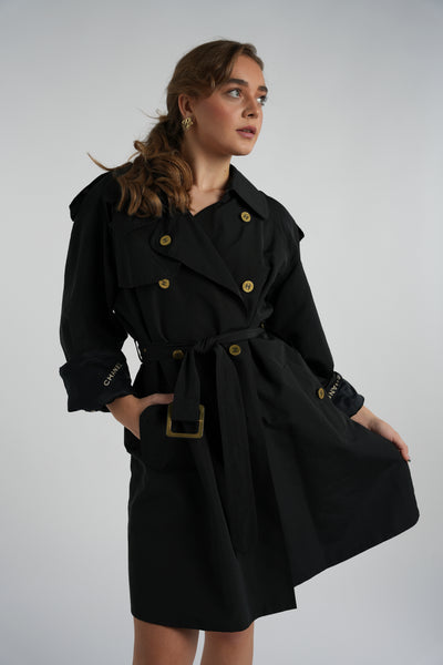 CHANEL collector's black trench with lettering lining vintage 1994