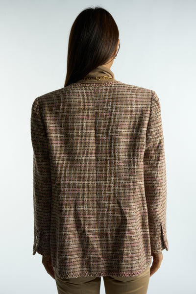 CHANEL tweed pink yellow brown spring jacket size 46