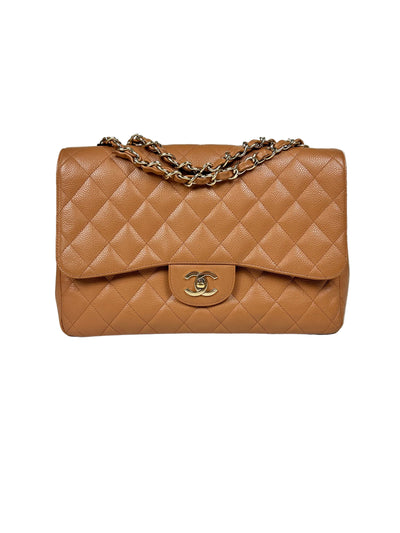CHANEL Rare Vintage Jumbo Single Flap Caramel Caviar Leather With 24ct Gold Plated Hardware Handbag