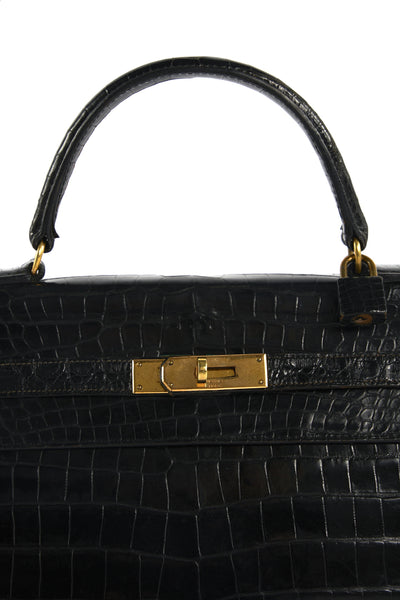 HERMES Kelly 32cm black shiny porosus crocodile ghw 1970's