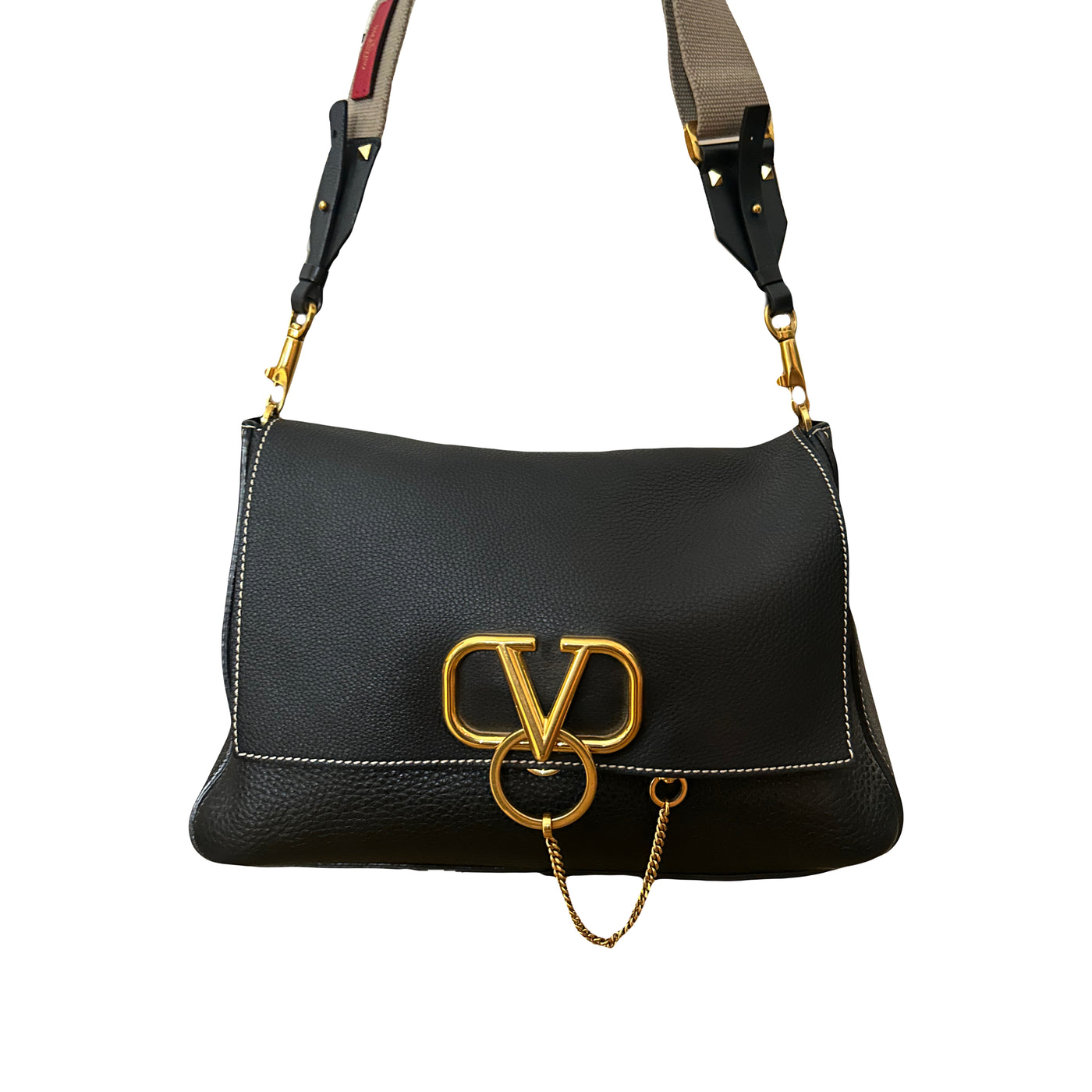 VALENTINO grain leather and canvas strap gold V signature bag